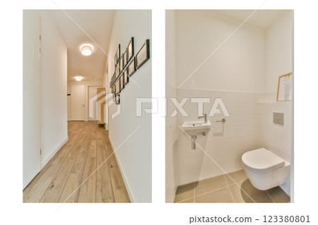 A sleek and minimalistic interior showcasing a contemporary hallway along with a compact bathroom. The design features clean lines and neutral tones. 123380801