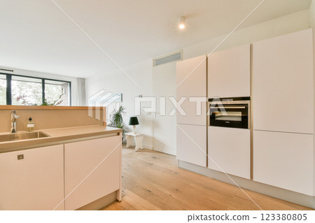 Bright and airy kitchen featuring sleek cabinetry and open spaces, showcasing modern design elements and a touch of nature through large windows. 123380805