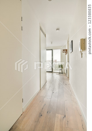A bright and spacious interior hallway featuring contemporary decor, wooden flooring, and large windows offering a view outside. A potted plant adds a touch of greenery. A bright and spacious interior hallway featuring contemporary decor, wooden flooring, and large windows offering a view outside. A potted plant adds a touch of greenery. 123380835