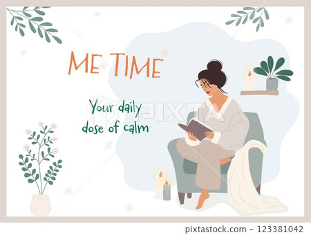 Woman reading a book in a cozy chair, self-care poster 123381042
