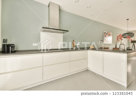 Bright and airy modern kitchen featuring sleek white cabinetry, a minimalist aesthetic, and stylish decor elements, creating a warm and inviting atmosphere. 123381045