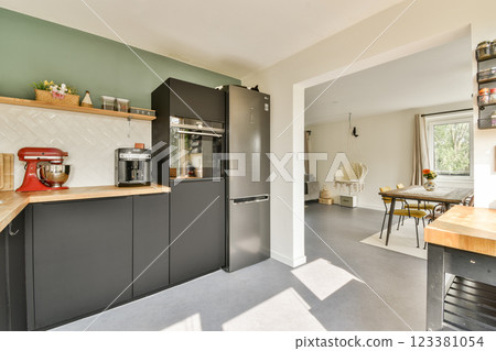 Stylish modern kitchen featuring sleek cabinetry, a vibrant wall color, and contemporary appliances that enhance functionality and aesthetics. 123381054