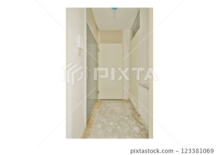 A spacious indoor hallway featuring a neutral color palette with white doors and walls, leading to closed doors, ideal for modern interior design. A spacious indoor hallway featuring a neutral color palette with white doors and walls, leading to closed doors, ideal for modern interior design. 123381069