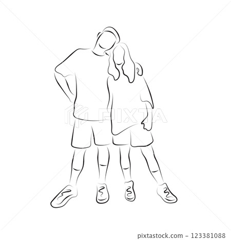 Man and woman standing together illustration vector hand drawn with black lines isolated on white background Man and woman standing together illustration vector hand drawn with black lines isolated on white background 123381088