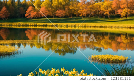 Autumn leaves reflected in the water surface of the pond 123381131