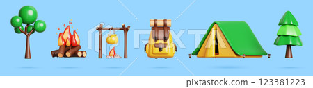 3d camp tourist equipment cartoon render set. Isolated tent, backpack, trees, bonfire, bowler on fire. Hiking, summer outdoor vacation in campsite. Forest picnic, recreation in nature. 3D illustration 123381223