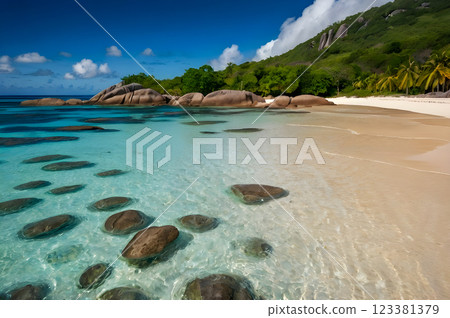 tropical beach with turquoise water 123381379