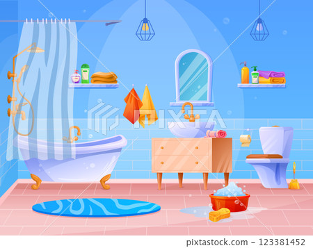 Cartoon bathroom interior. Bath room furniture in house home wc, bathtub shower curtain sink mirror toilet clean towel water closet modern indoor restroom, tidy vector illustration 123381452