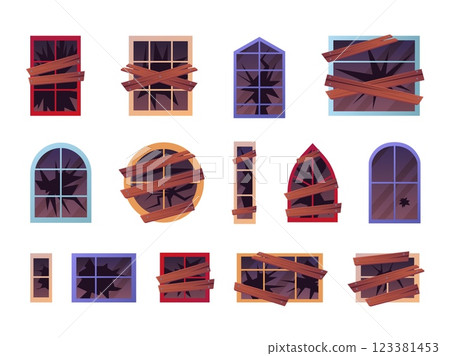 Broken wood windows. Old balcony window with cracked glass covered nailed wooden planks, abandoned house cartoon elements, swanky vector illustration 123381453