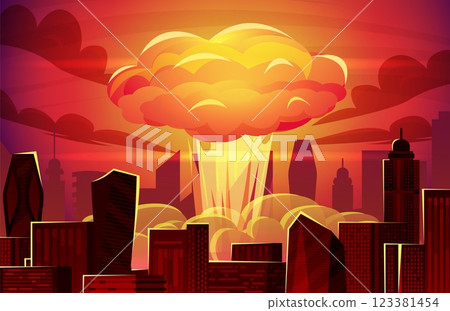 Nuclear explosion in city. Atomic bomb blast cloud mushroom cartoon comic background, explosive boom apocalypse damage buildings war conflict nuke weapon swanky vector illustration 123381454