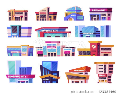 Cartoon mall buildings. Shopping centers, supermarket building outside exterior big hypermarket store retail shop super market modern build outlet set swanky vector illustration 123381460