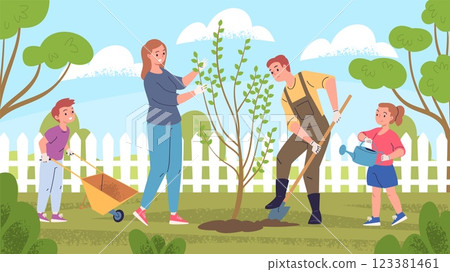 Family plants tree. Father mother son daughter planting and watering trees in backyard at home or country house, parents with children growing plant, eco classy vector illustration Family plants tree. Father mother son daughter planting and watering trees in backyard at home or country house, parents with children growing plant, eco classy vector illustration 123381461