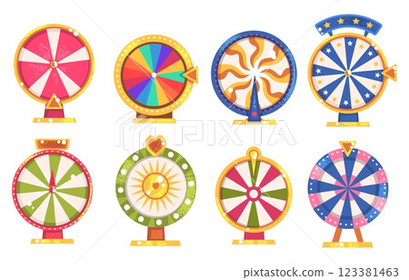 Cartoon wheels of fortune. Lucky wheel spin, roulette spinning chance lottery luck section carnival show gambling games logo money prize winner contest, classy vector illustration Cartoon wheels of fortune. Lucky wheel spin, roulette spinning chance lottery luck section carnival show gambling games logo money prize winner contest, classy vector illustration 123381463