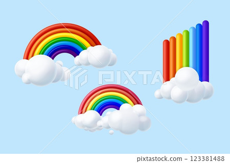 3d rainbow clouds. Render plasticine rainbows clay cloud, spring accessories for kids game or abstract sky background, creative cute arc unicorn element exact vector illustration 123381488