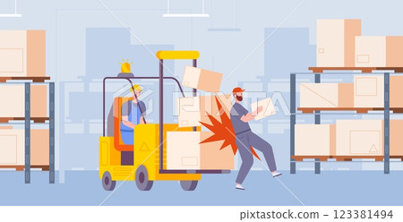 Warehouse accident. Forklift driver with pallet box freight hitting worker in unseen zone, factory injury risk insurance compensation safety precautions concept vector illustration 123381494