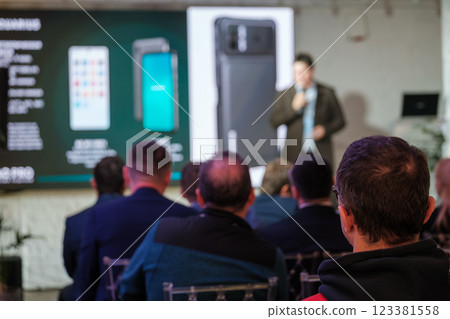 Professional business presentation showcasing latest smartphone technology innovations 123381558