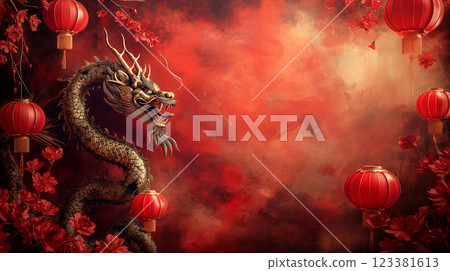 Dragon, lanterns on festive Chinese New Year background in traditional Asian decor. Generative AI Dragon, lanterns on festive Chinese New Year background in traditional Asian decor. Generative AI 123381613