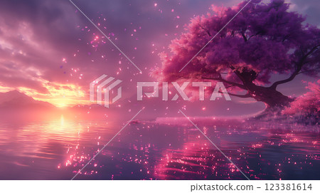Serene sunset over tranquil lake with blossoming pink tree nearby, magic background. Generative AI 123381614