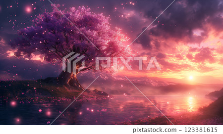 Serene sunset over tranquil lake with blossoming pink tree nearby, magic background. Generative AI 123381615