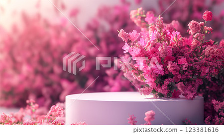 Floral display with pink roses on circular pedestal in a soft pink setting. Generative AI Floral display with pink roses on circular pedestal in a soft pink setting. Generative AI 123381616
