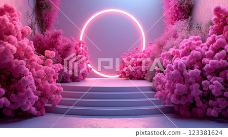 Vibrant floral product presentation background with podium, flowers, neon circle. Generative AI Vibrant floral product presentation background with podium, flowers, neon circle. Generative AI 123381624