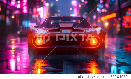 Classic car parked on neon-lit street during rainy night in city. Generative AI 123381681