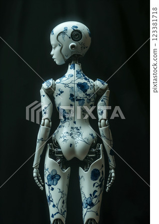 Robot in intricate blue and white porcelain design showcasing artistic craftsmanship. Generative AI 123381718