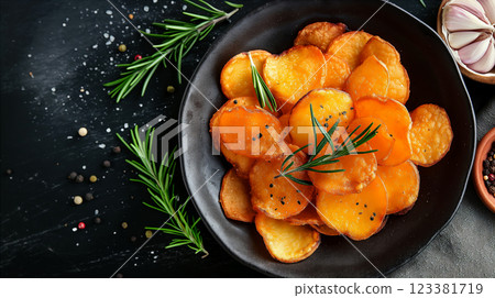 Potato chips crafted by a top chef displayed in an elegant bowl. Generative AI 123381719