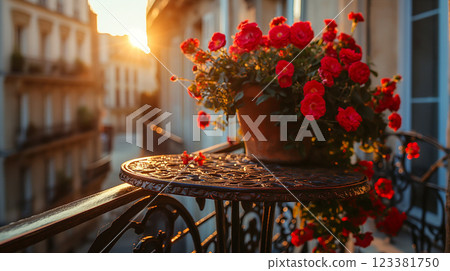 Romantic Sunset on a Paris Balcony. Generative AI 123381750