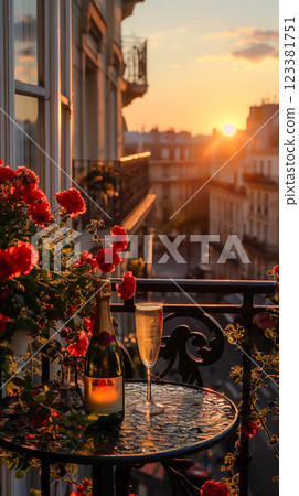 Romantic Sunset on a Paris Balcony. Generative AI 123381751