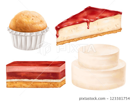 Confectionery set of objects. Sponge cake with mousse, cream, cheesecake with jelly toping, cupcake. Pastry sweet berry dessert for birthday, home parties, sweet gift. Digital isolated illustration 123381754