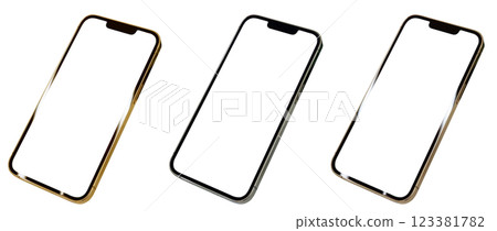 三種類型的智慧型手機採用金色、銀色和銅色邊框，採用鏤空螢幕材質 123381782