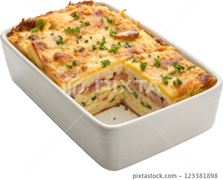 Creamy Baked Casserole with Cheesy Ham and Vegetable Filling 123381898