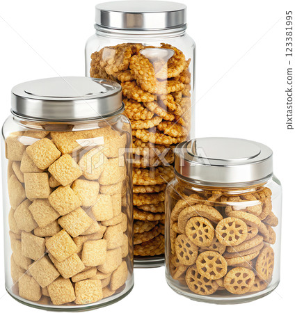 Assortment of Crunchy Snack Jars Neatly Arranged on Kitchen Counter 123381995