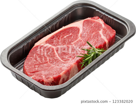Packaged Raw Beef Steak with Fresh Rosemary on Meat Tray 123382020