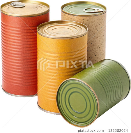The stacked collection of colorful preserved food cans on a minimalist background showcases the 123382024