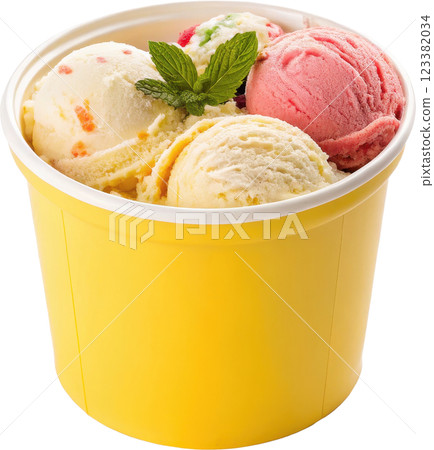 Vibrant Ice Cream Scoops in a Sunny Yellow Container with Mint Garnish 123382034