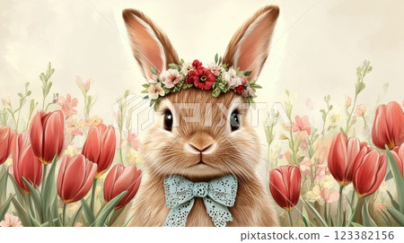 Floral Crowned Bunny in a Spring Meadow   Adorable Rabbit Floral Crowned Bunny in a Spring Meadow   Adorable Rabbit 123382156