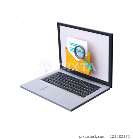 Mail search 3d icon. Letter with magnifying glass on laptop screen Mail search 3d icon. Letter with magnifying glass on laptop screen 123382173