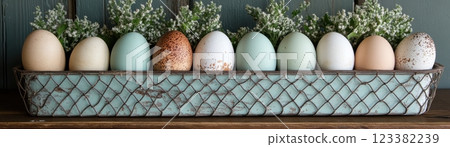 Rustic Eggs Displayed in a Handcrafted Wire Basket with Neutral Tones Rustic Eggs Displayed in a Handcrafted Wire Basket with Neutral Tones 123382239