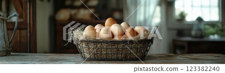 Rustic Eggs Nestled in a Wire Basket on a Wooden Table 123382240