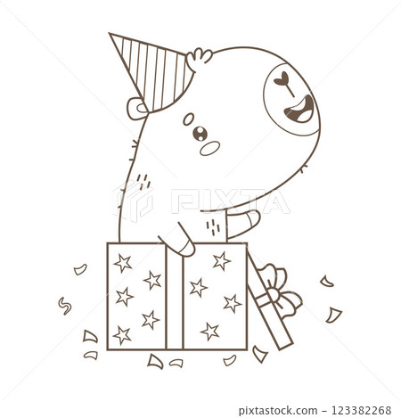 Birthday Happy Capybara in birthday cap in gift box. Outline Cute holiday cartoon kawaii character animal. Line drawing, coloring book. Vector illustration. Kids collection Birthday Happy Capybara in birthday cap in gift box. Outline Cute holiday cartoon kawaii character animal. Line drawing, coloring book. Vector illustration. Kids collection 123382268