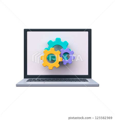 3D Laptop icon and gear. Laptop update process and system settings 123382369