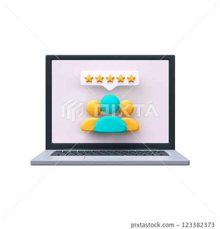 3D users with stars on laptop screen. Online reviews concept in 3d style. 3D users with stars on laptop screen. Online reviews concept in 3d style. 123382373