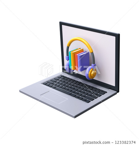 3d audiobooks concept. A stack of books and headphones on a laptop screen. 3d audiobooks concept. A stack of books and headphones on a laptop screen. 123382374