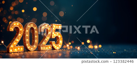 Golden 2025 sign illuminating new year's festivities with sparkling lights 123382446