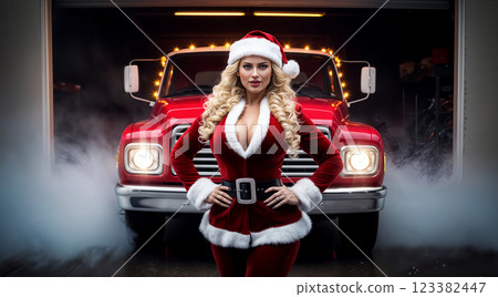 Christmas pinup posing with red lighted truck in garage 123382447