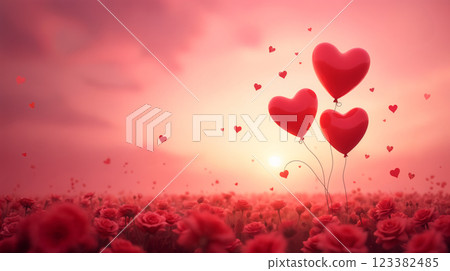 Heart shaped balloons floating over a field of roses at sunset for valentine's day 123382485