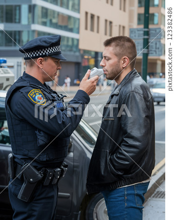 Policeman performing alcohol test on motorist on city street Policeman performing alcohol test on motorist on city street 123382486