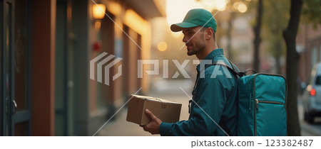 Courier delivering package walking on a city street at sunset 123382487